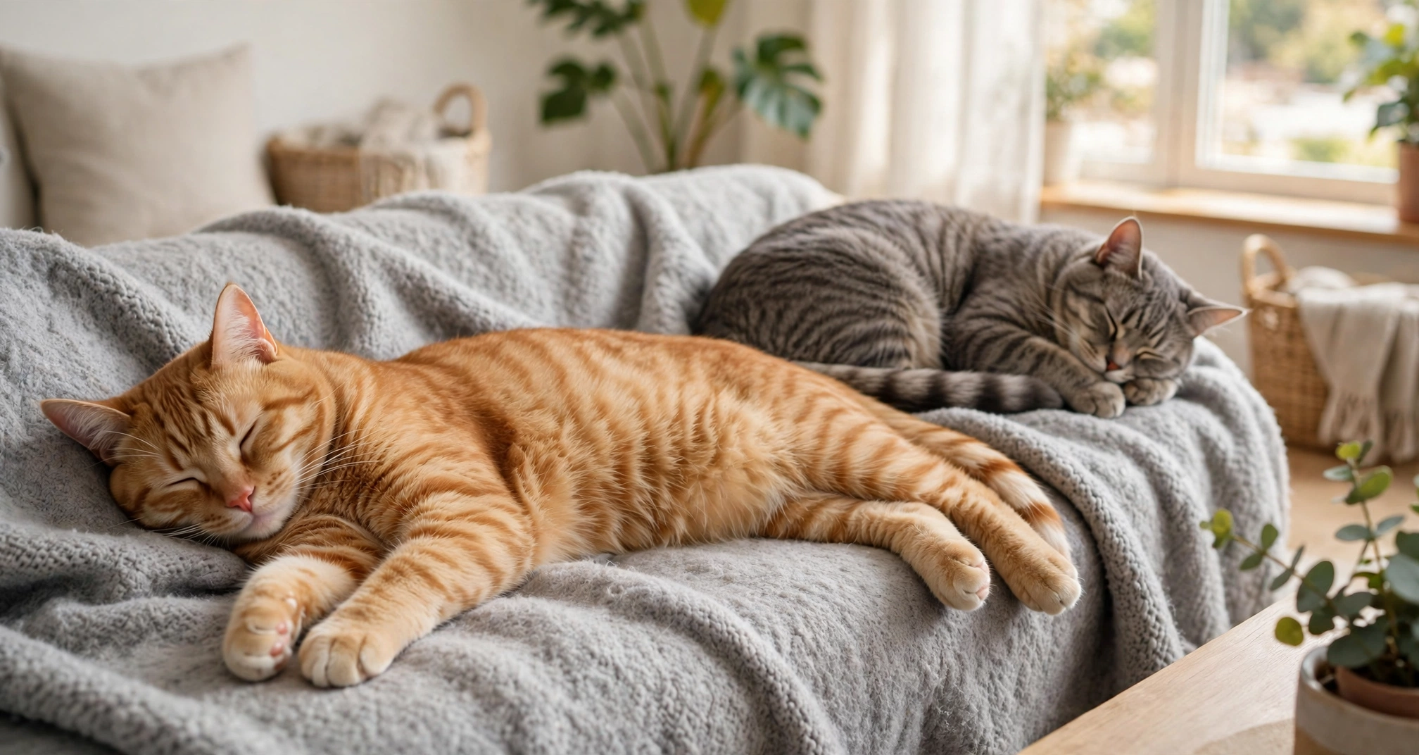 Cat sleeping positions explained, one cat stretched on its side and one cat curled up asleep