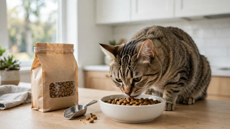 Cat eating dry cat food from a bowl in a bright kitchen