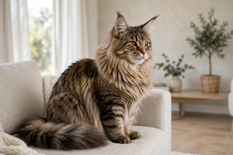 How much is a maine coon cat, shown by a large fluffy Maine Coon cat sitting in a bright living room