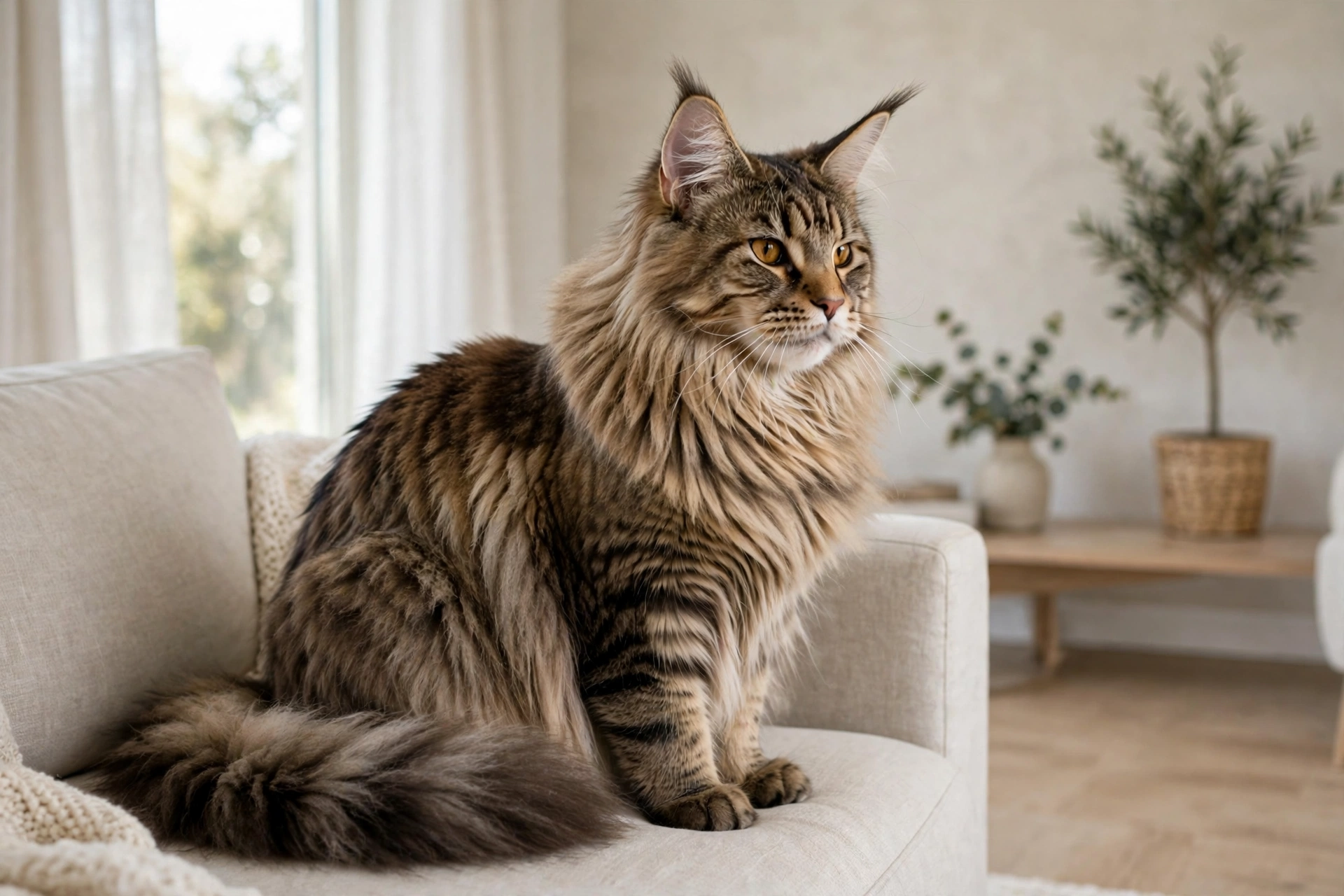 How much is a maine coon cat, shown by a large fluffy Maine Coon cat sitting in a bright living room