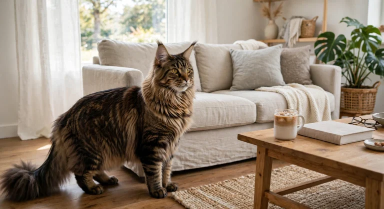 Large Maine Coon cat showing maine coon cat size next to living room furniture
