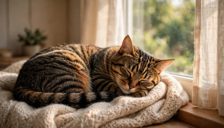 Cat sleeping curled up in sunlight, showing why do cats sleep so much